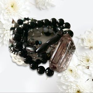 Black and silver chunky stretch bracelet set